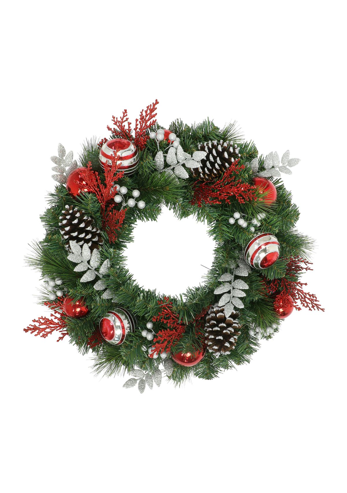 24 Decorated Artificial Wreath with Red Green & Silver Ornaments & Pine Cones