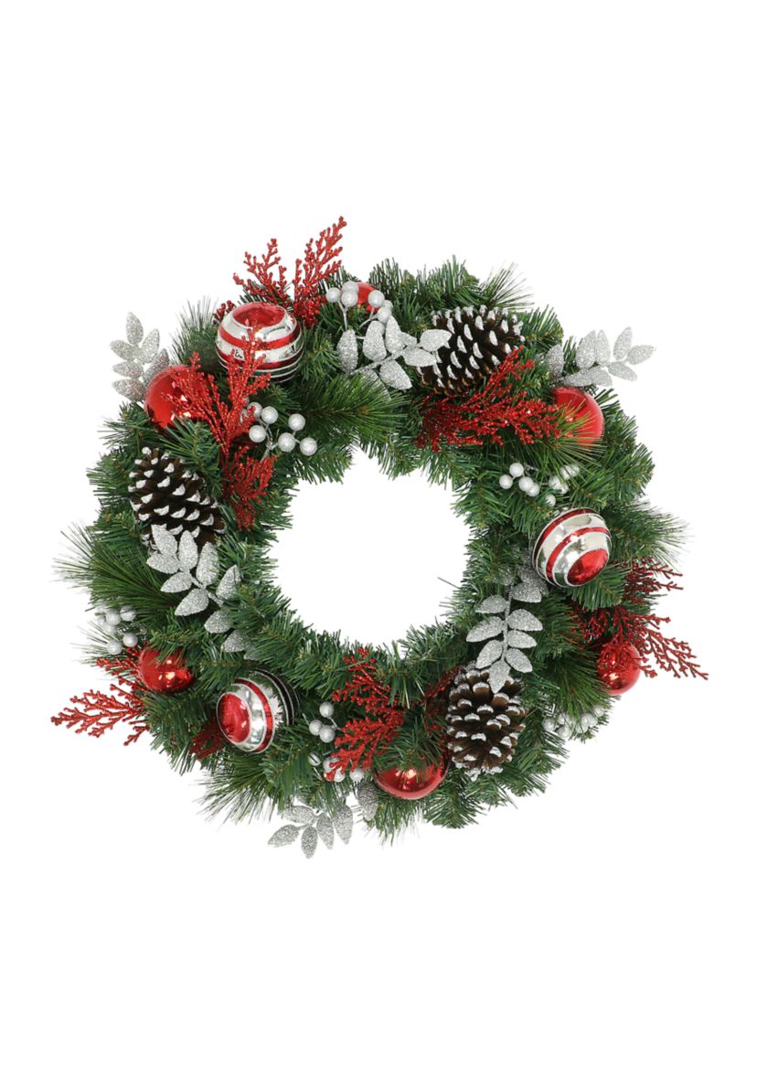 24 Decorated Artificial Wreath with Red Green & Silver Ornaments & Pine Cones