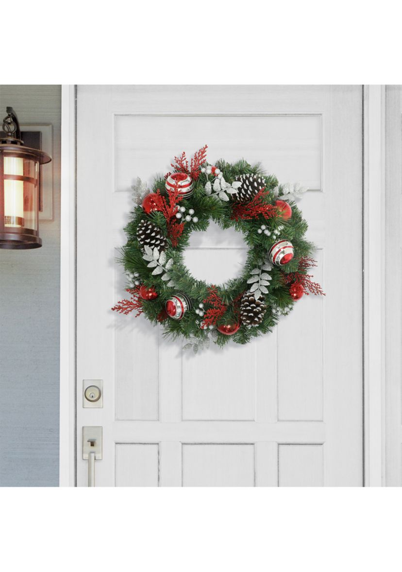 24 Decorated Artificial Wreath with Red Green & Silver Ornaments & Pine Cones