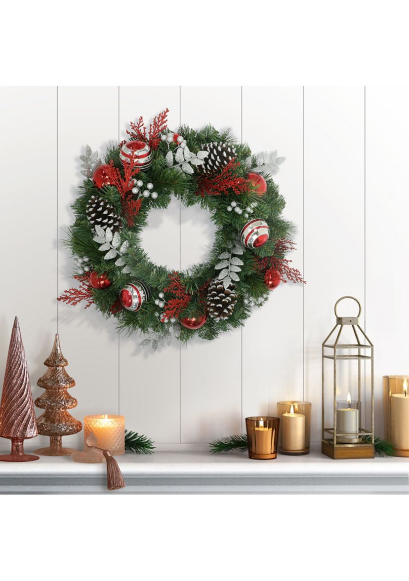 24 Decorated Artificial Wreath with Red Green & Silver Ornaments & Pine Cones