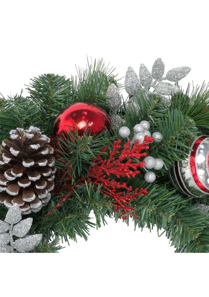 24 Decorated Artificial Wreath with Red Green & Silver Ornaments & Pine Cones