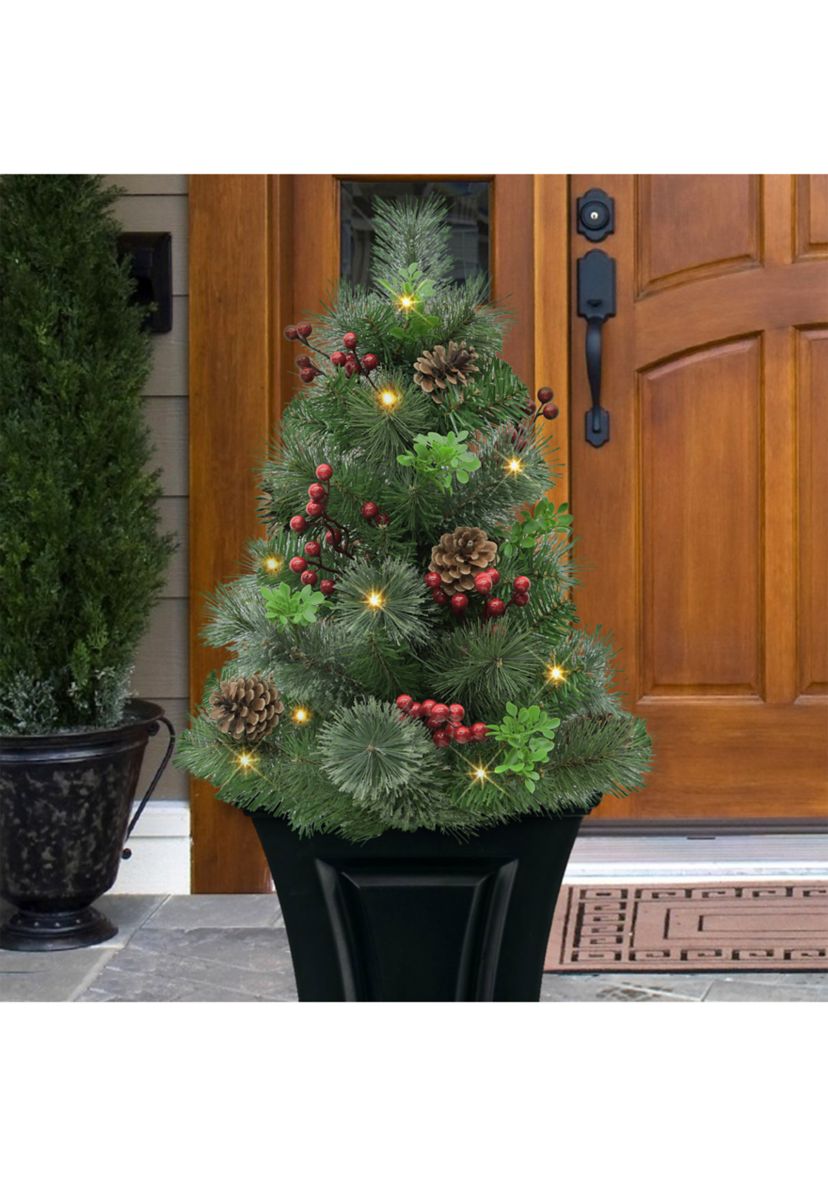 Set of 2 30 Pre-Lit Artificial Urn Filler with Battery-Operated Timer with 35 Warm White LED Lights & 65 Tips