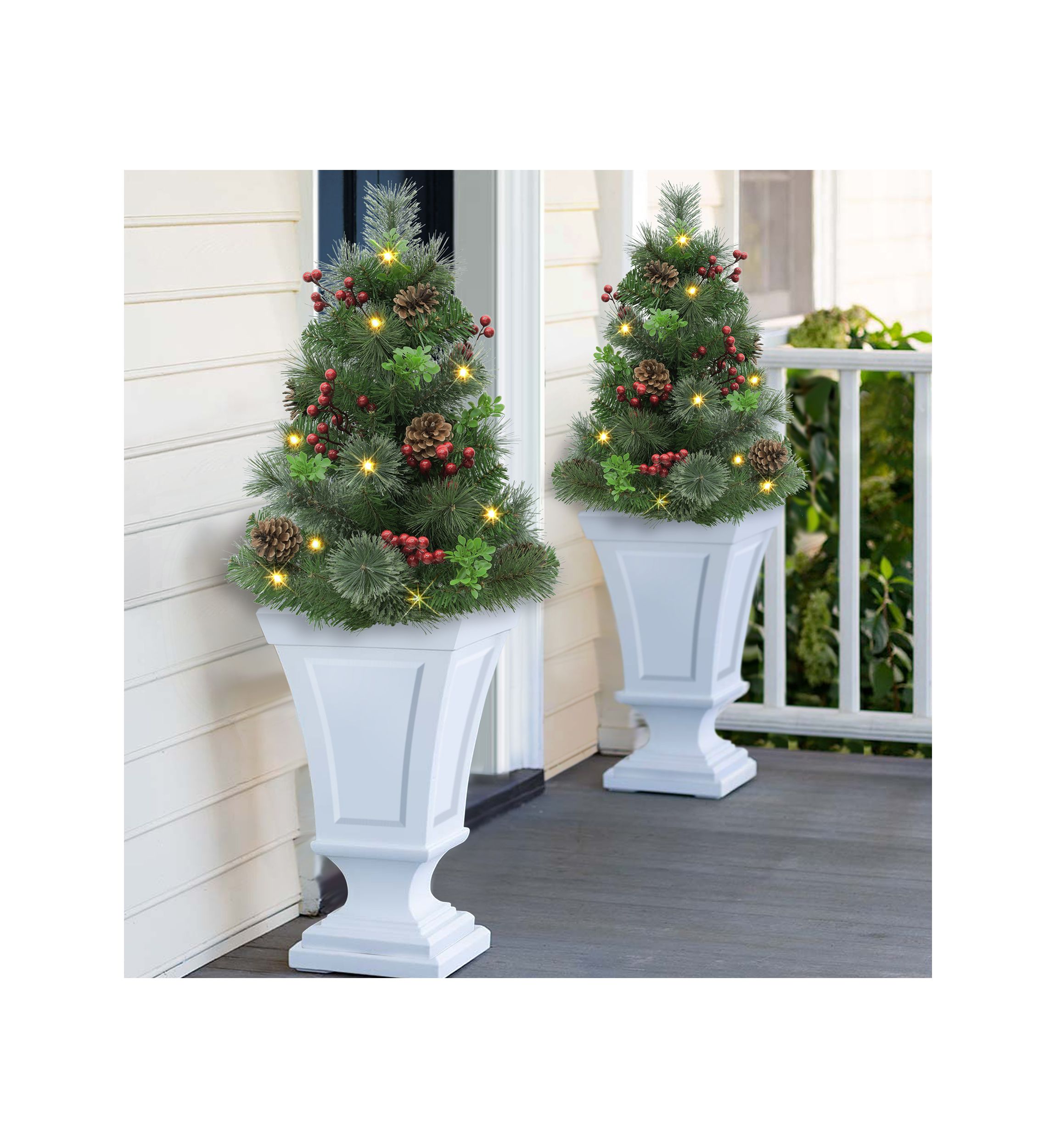 Set of 2 30 Pre-Lit Artificial Urn Filler with Battery-Operated Timer with 35 Warm White LED Lights & 65 Tips