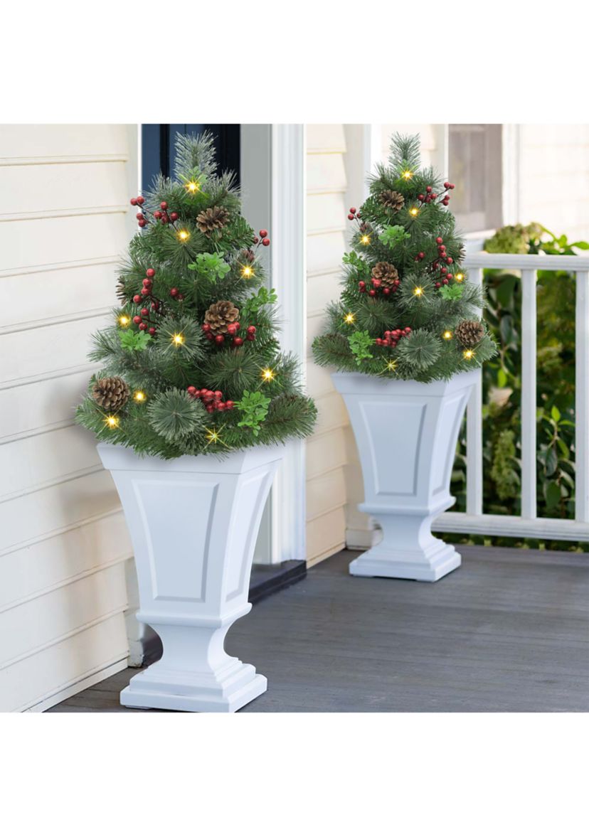 Set of 2 30 Pre-Lit Artificial Urn Filler with Battery-Operated Timer with 35 Warm White LED Lights & 65 Tips