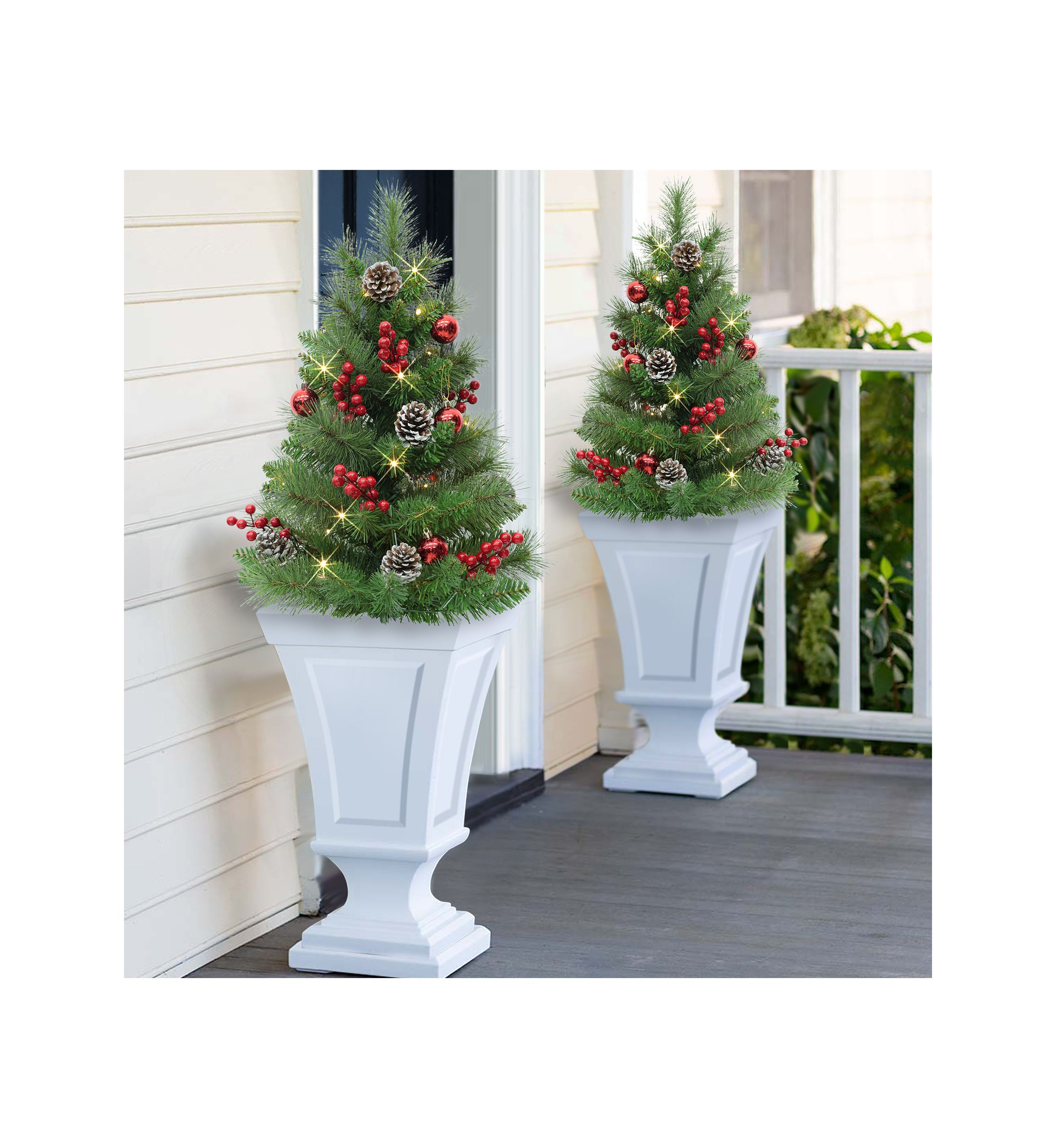 Set of 2 30 Pre-Lit Artificial Urn Filler with Battery-Operated Timer with 35 Warm White LED Lights & 65 Tips
