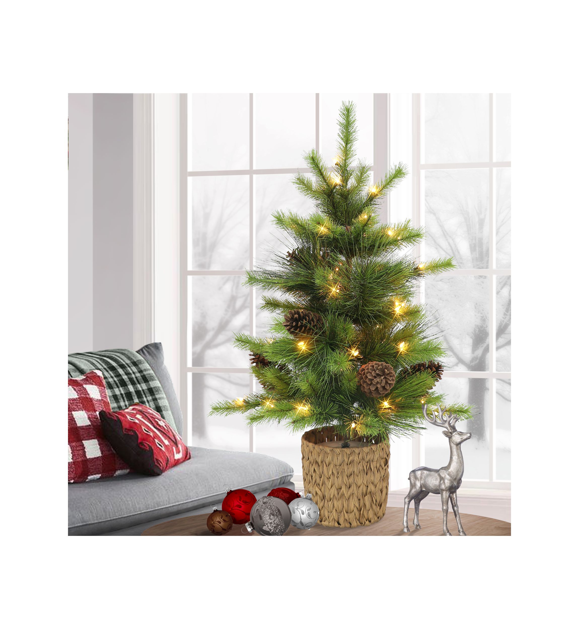 3.5-foot Pre-Lit Potted Artificial Tree 77 Tips 50 Clear Lights with Pine Cones