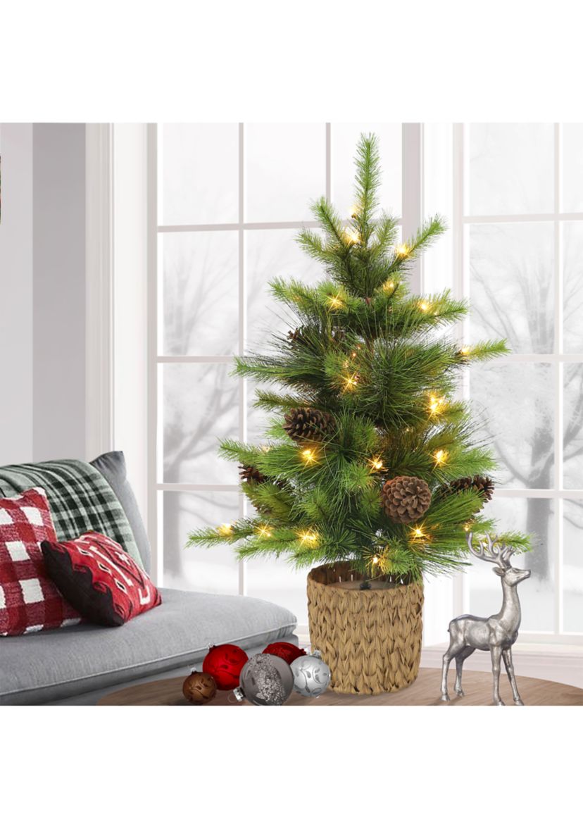 3.5-foot Pre-Lit Potted Artificial Tree 77 Tips 50 Clear Lights with Pine Cones