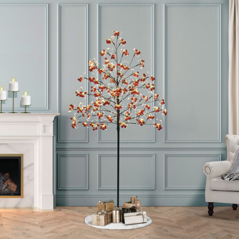 6 Pre-Lit Twig Tree with LED Warm White Lights and Red Ornaments