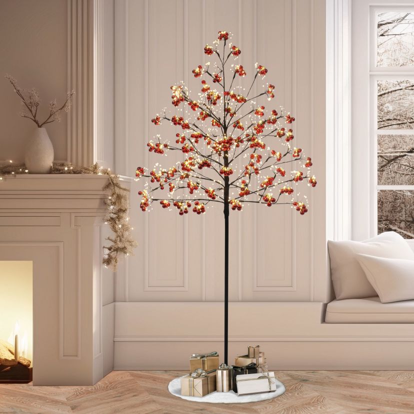 6 Pre-Lit Twig Tree with LED Warm White Lights and Red Ornaments