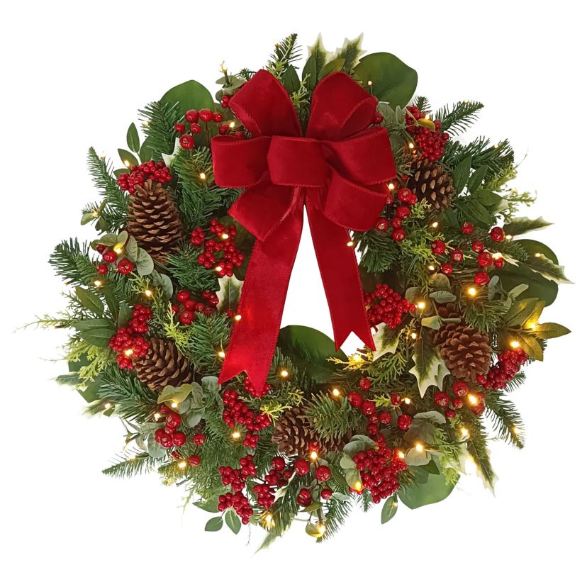 26" Battery-Operated Pre-Lit Decorated Artificial Wreath