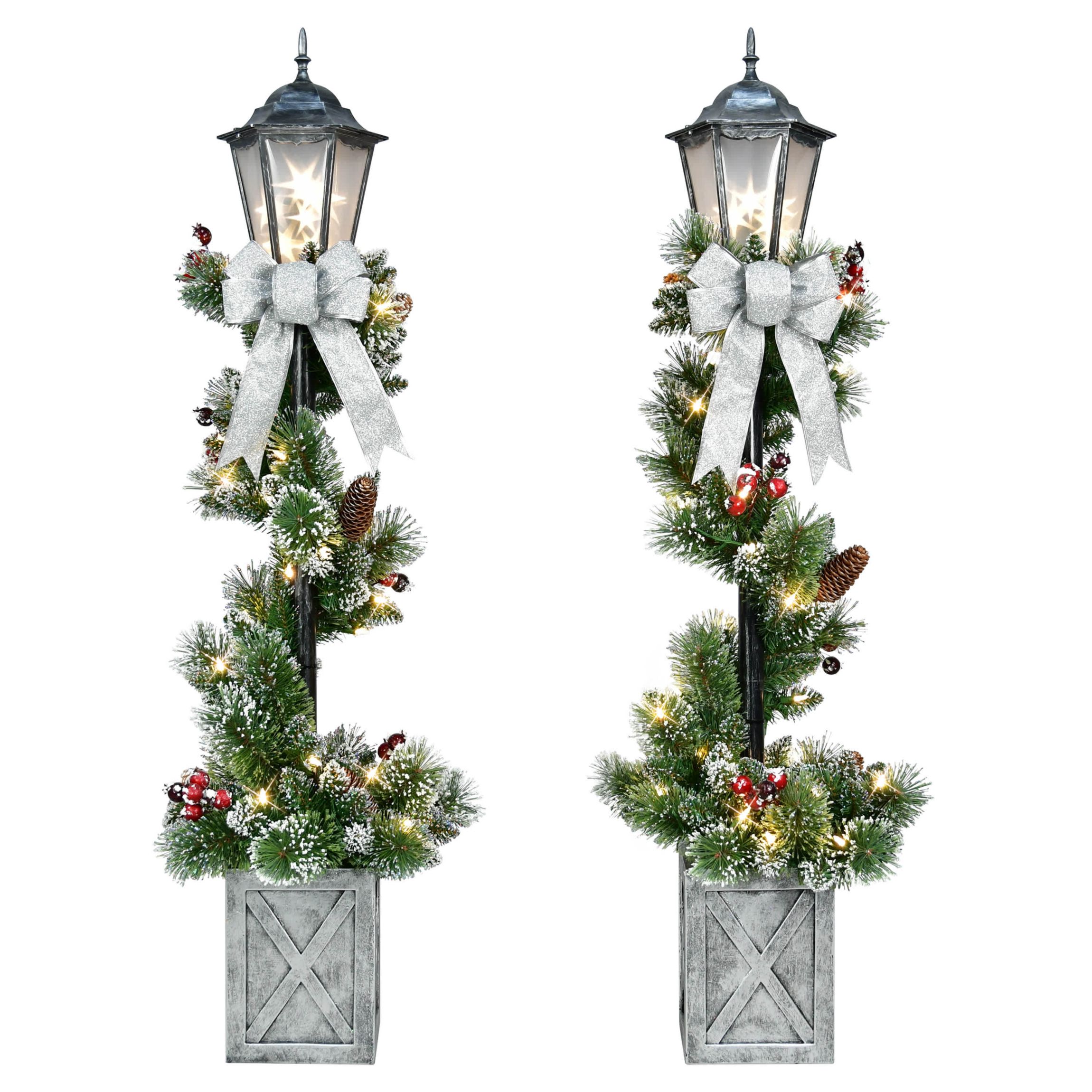4 Set of 2 Pre-Lit Artificial Lamp Posts with Decorative Pot