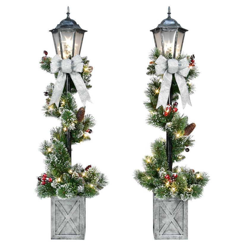 4 Set of 2 Pre-Lit Artificial Lamp Posts with Decorative Pot