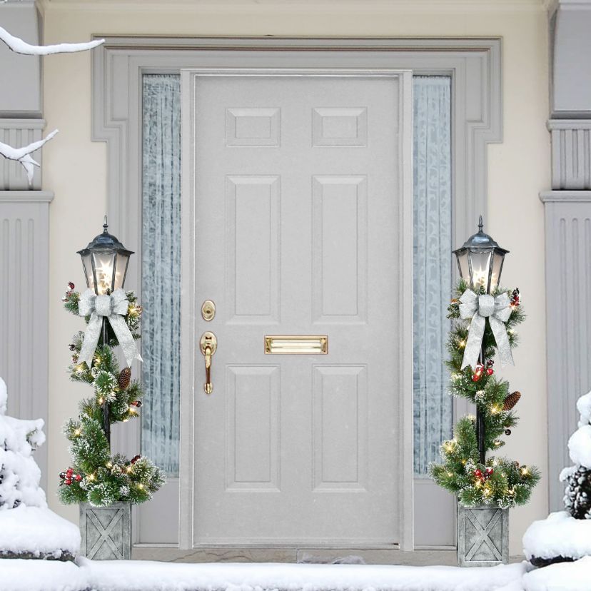 4 Set of 2 Pre-Lit Artificial Lamp Posts with Decorative Pot
