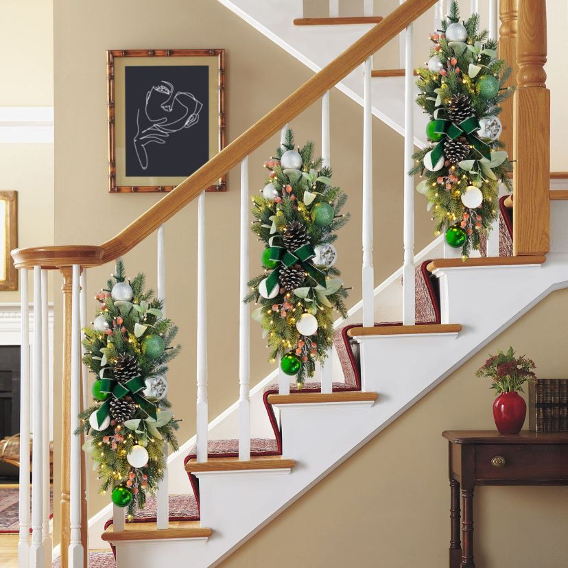 Puleo International 28" Pre-Lit Battery-Operated Adorned Banister Swag