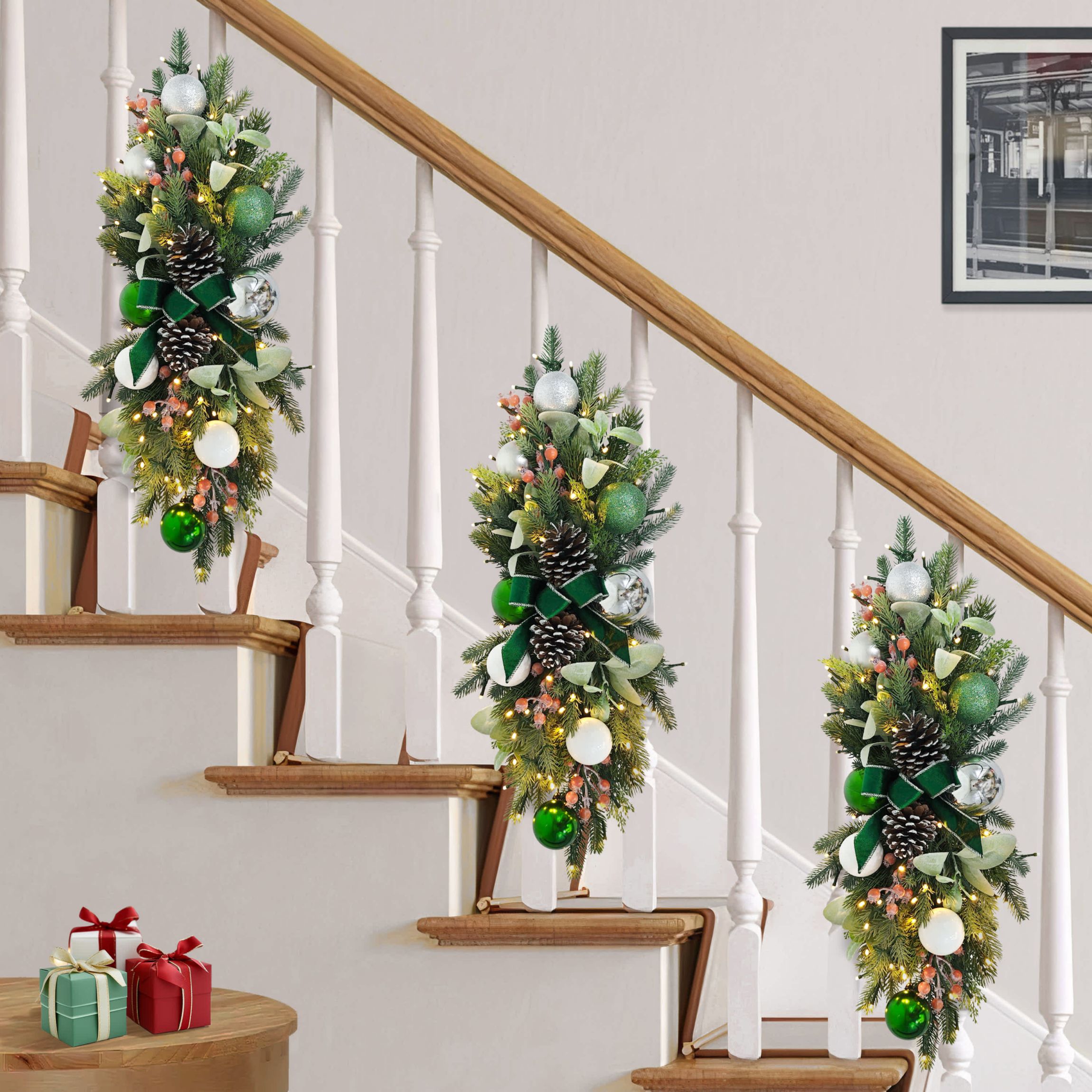 Puleo International 28" Pre-Lit Battery-Operated Adorned Banister Swag