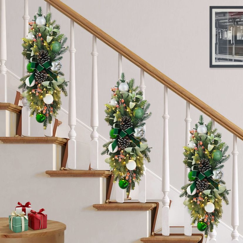 Puleo International 28" Pre-Lit Battery-Operated Adorned Banister Swag