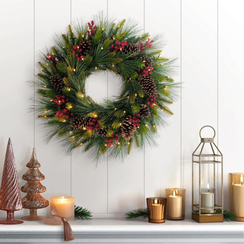 Puleo International 26" Pre-Lit Artificial Adorned Christmas Wreath