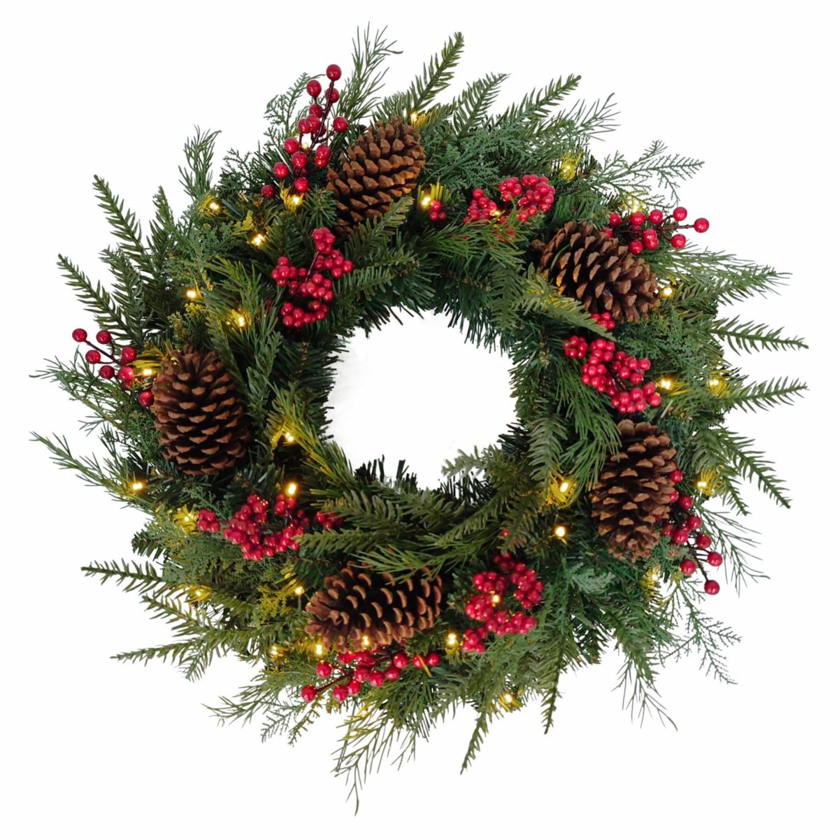 Puleo International 24" Pre-Lit Adorned Wreath Battery-Operated Warm White LED Lights