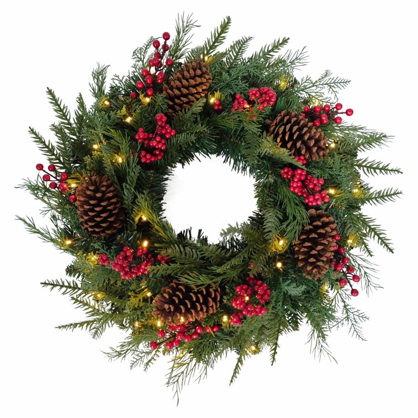 Puleo International 24" Pre-Lit Adorned Wreath Battery-Operated Warm White LED Lights