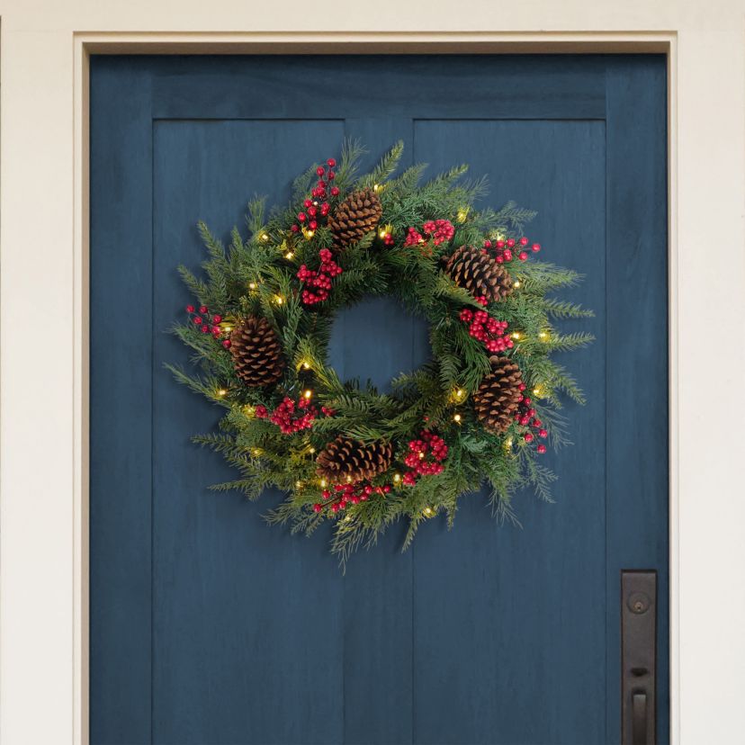 Puleo International 24" Pre-Lit Adorned Wreath Battery-Operated Warm White LED Lights