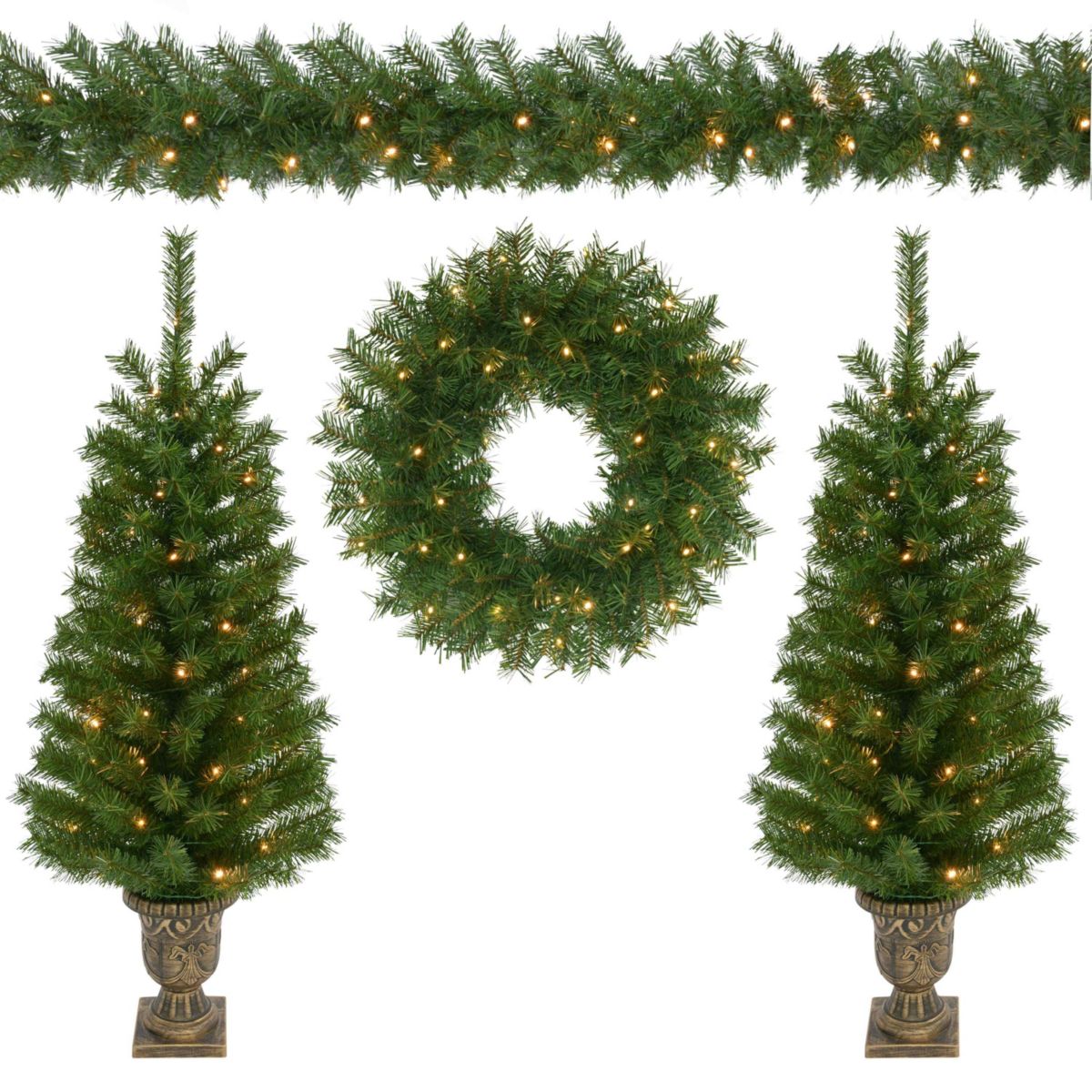 Puleo International 4-Piece Pre-Lit Artificial Christmas Décor Set Featuring 2 Trees, 1 Wreath, and 1 Garland