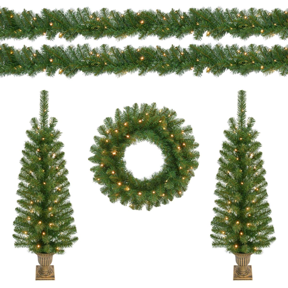 Puleo International 5-Piece Pre-Lit Artificial Christmas Décor Set Featuring 2 Trees, 1 Wreath, and 2 Garland