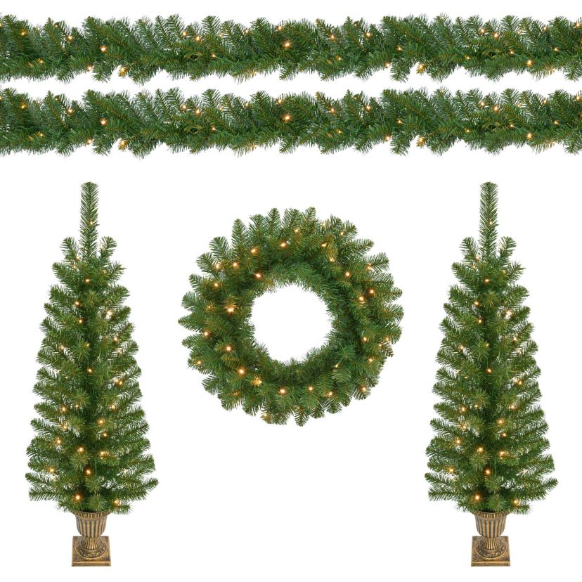 Puleo International 5-Piece Pre-Lit Artificial Christmas Décor Set Featuring 2 Trees, 1 Wreath, and 2 Garland