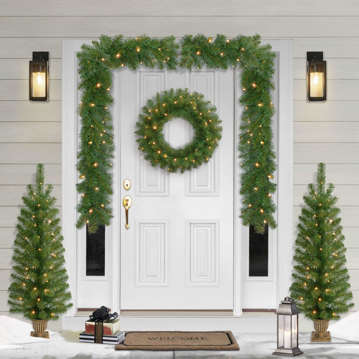 Puleo International 5-Piece Pre-Lit Artificial Christmas Décor Set Featuring 2 Trees, 1 Wreath, and 2 Garland