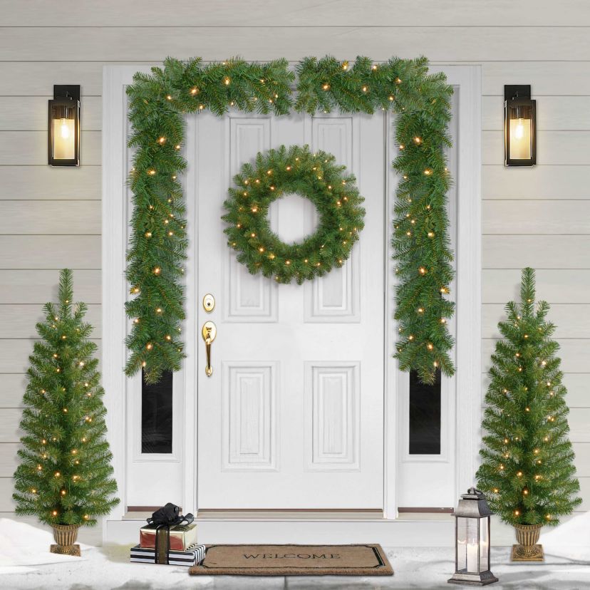 Puleo International 5-Piece Pre-Lit Artificial Christmas Décor Set Featuring 2 Trees, 1 Wreath, and 2 Garland