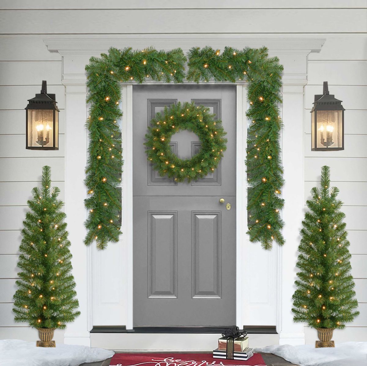 Puleo International 5-Piece Pre-Lit Artificial Christmas Décor Set Featuring 2 Trees, 1 Wreath, and 2 Garland