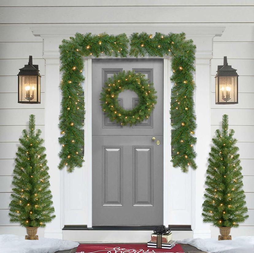 Puleo International 5-Piece Pre-Lit Artificial Christmas Décor Set Featuring 2 Trees, 1 Wreath, and 2 Garland