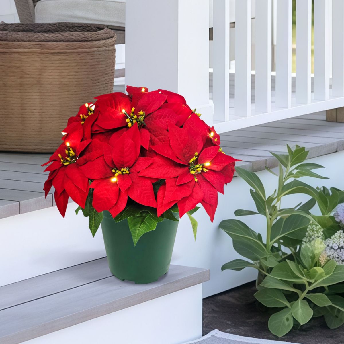Puleo International 22" Pre-Lit Battery-Operated Artificial Potted Red Poinsettias