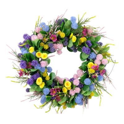 Puleo International 24-inch Artificial Echinops and Chrysanthethemum Floral Pink Spring Wreath, Green