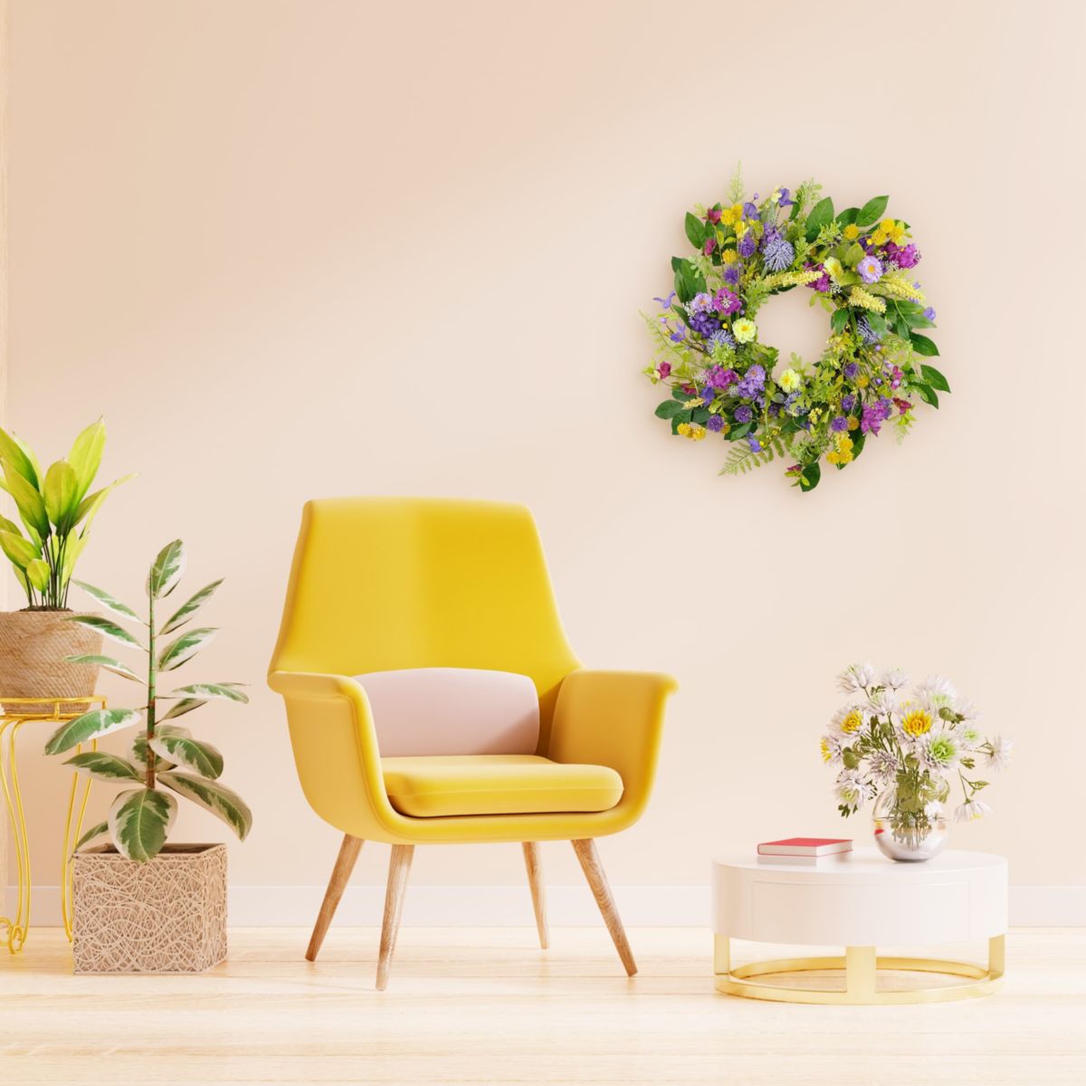 Puleo International 24-inch Artificial Echinops and Chrysanthethemum Floral Spring Wreath