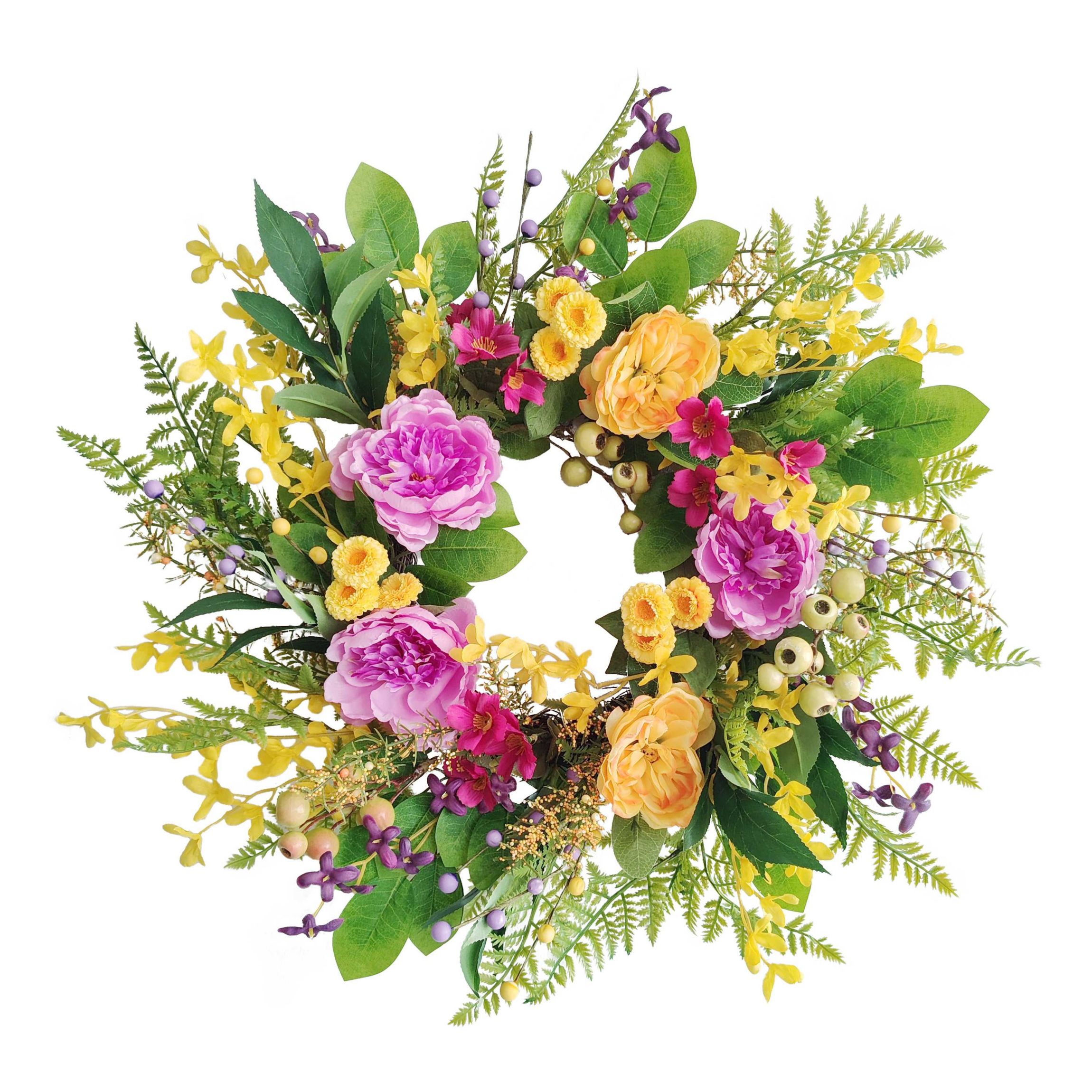 Puleo International 24-inch Artificial Peony and Winter Jasmine Floral Spring Wreath