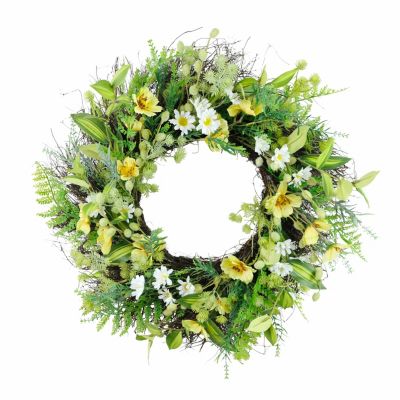 Puleo International 24-inch Artificial Daisy and Dogwood Floral Spring Wreath, Green