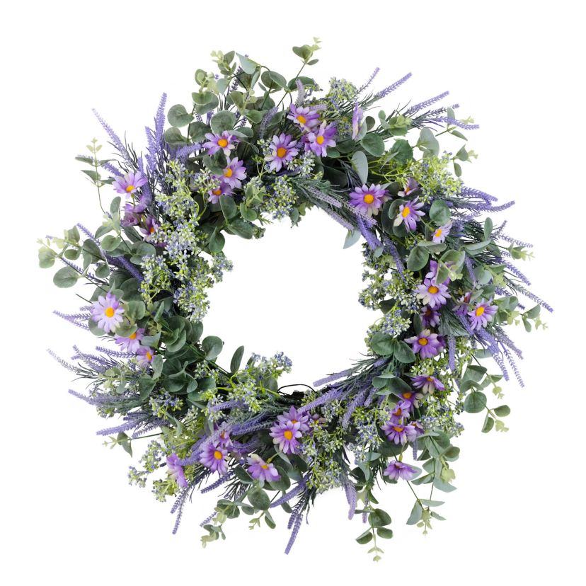 Puleo International 24-inch Artificial Daisy Lavender and Eucalyptus Floral Spring Wreath