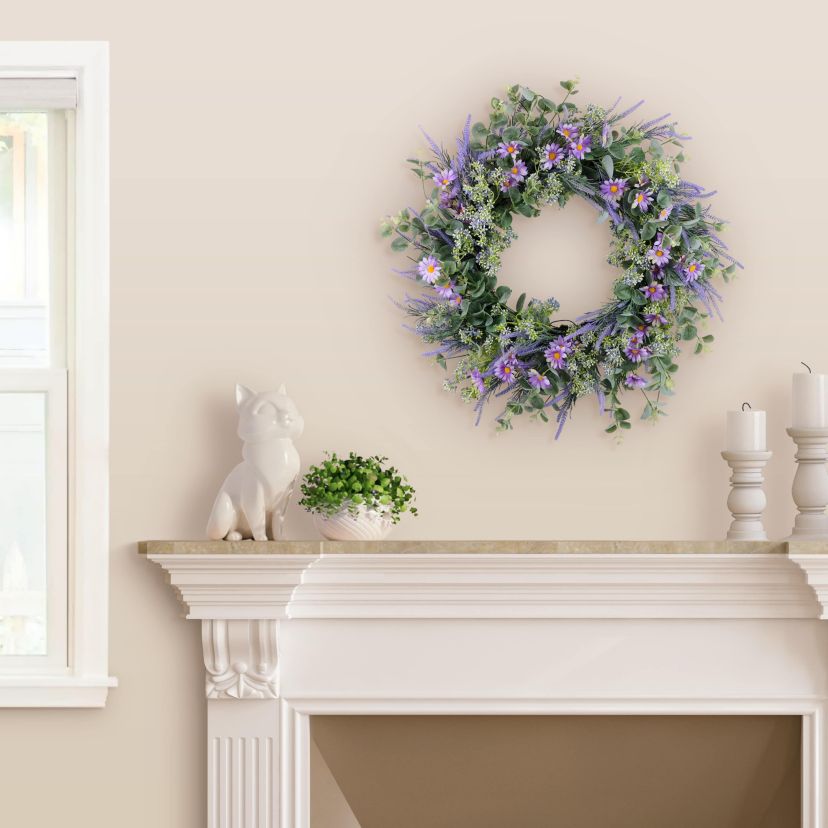 Puleo International 24-inch Artificial Daisy Lavender and Eucalyptus Floral Spring Wreath