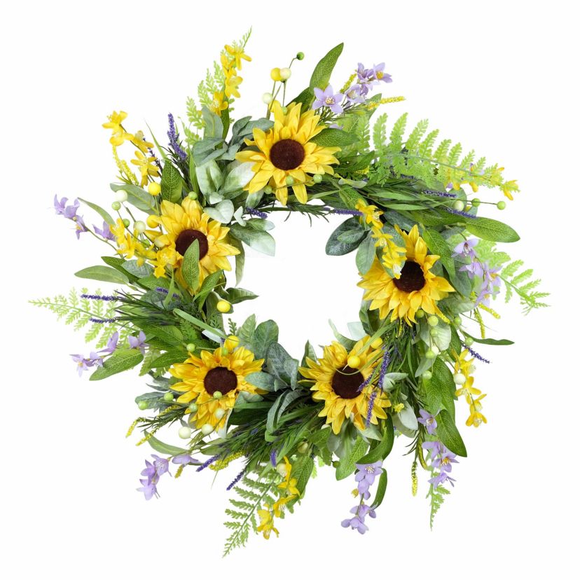 Puleo International 26-inch Artificial Sunflower Lavender Winter Jasmine Floral Spring Wreath