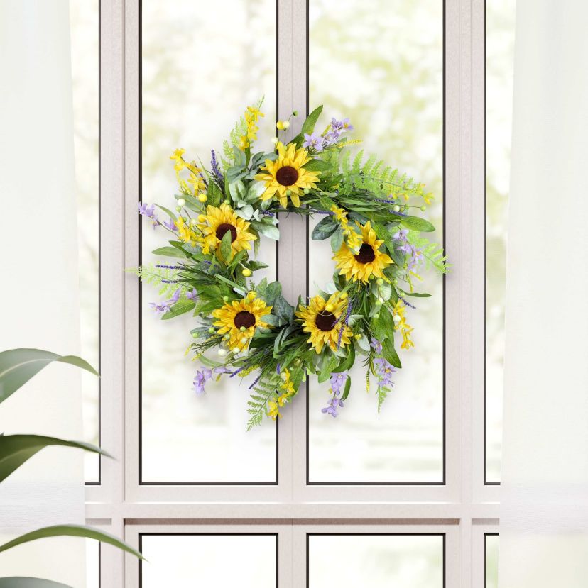 Puleo International 26-inch Artificial Sunflower Lavender Winter Jasmine Floral Spring Wreath