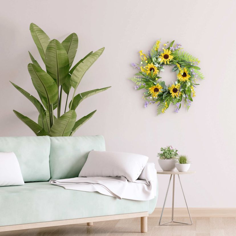 Puleo International 26-inch Artificial Sunflower Lavender Winter Jasmine Floral Spring Wreath
