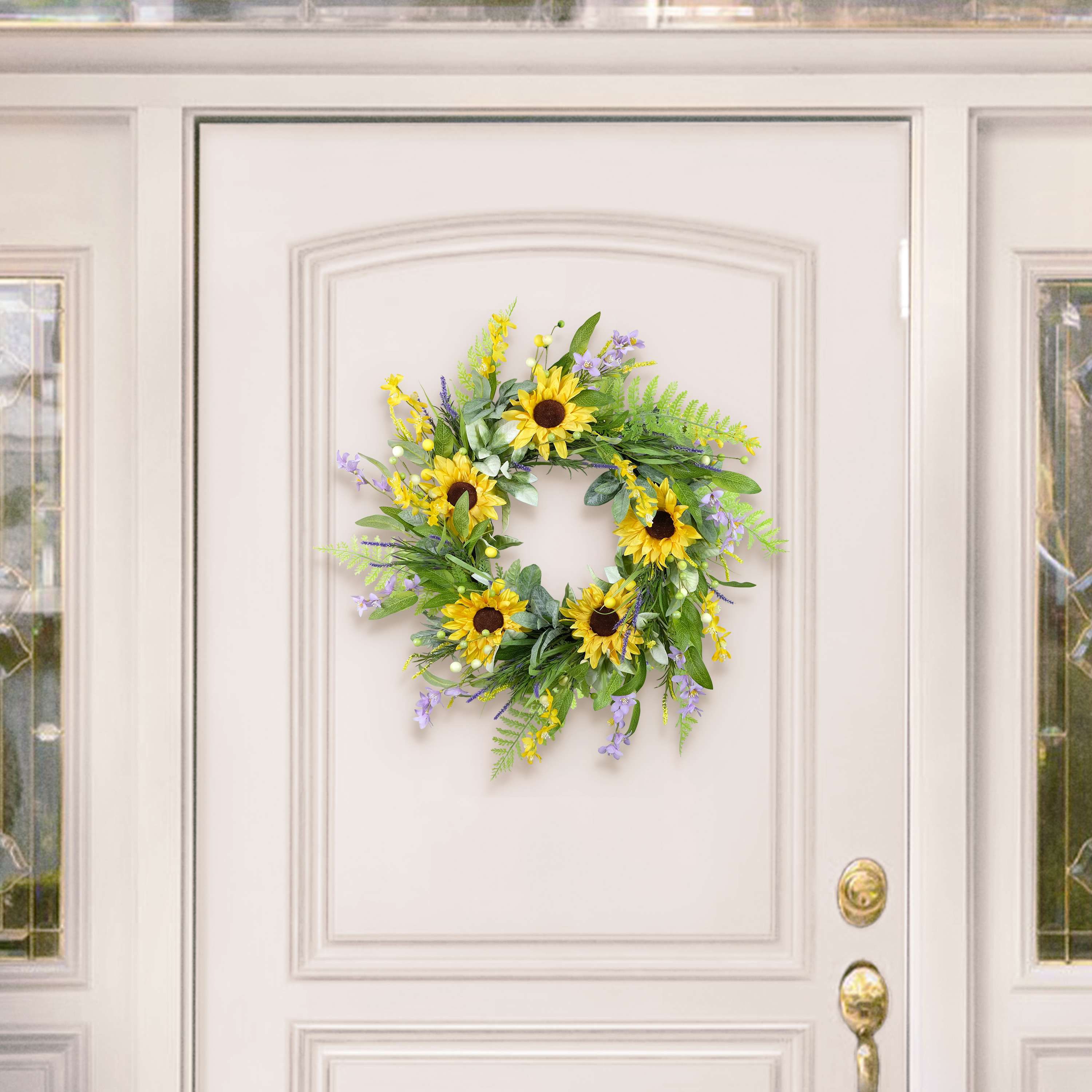 Puleo International 26-inch Artificial Sunflower Lavender Winter Jasmine Floral Spring Wreath