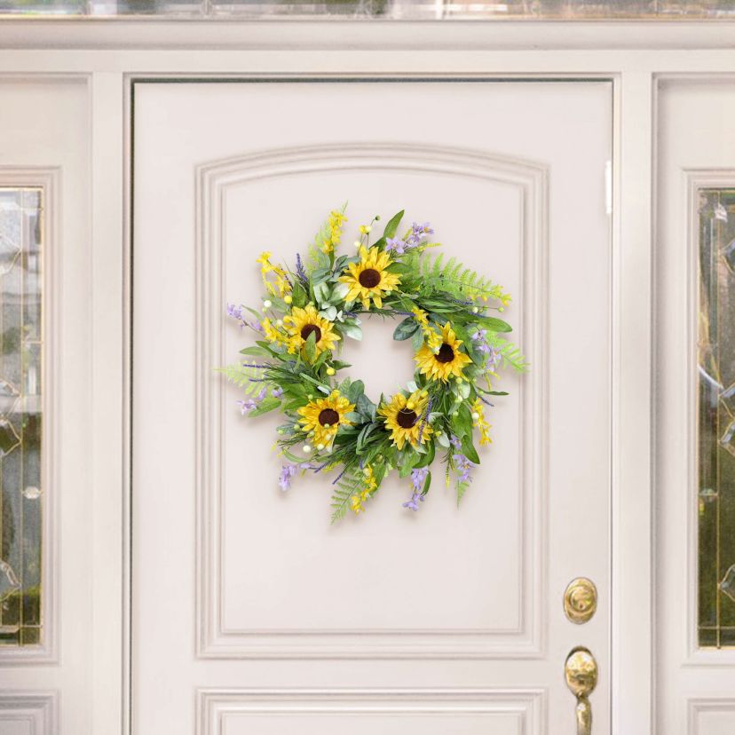 Puleo International 26-inch Artificial Sunflower Lavender Winter Jasmine Floral Spring Wreath