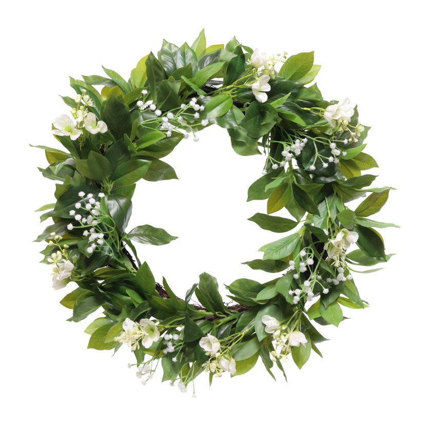 Puleo International 24-inch Artificial Gypsophila Dogwood Floral Banyan Leaves Spring Wreath