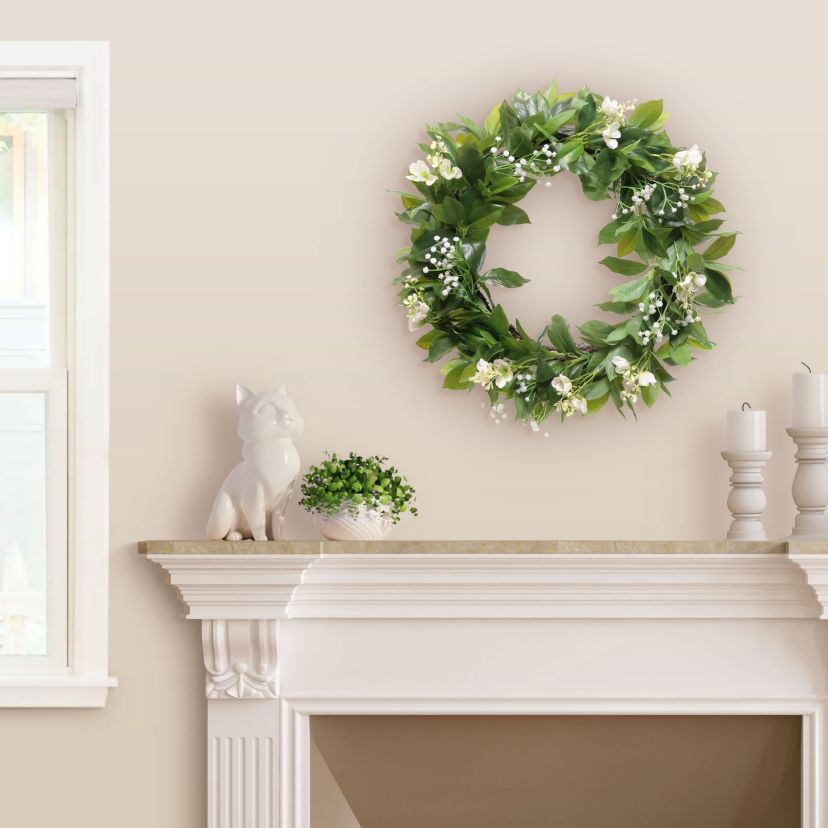 Puleo International 24-inch Artificial Gypsophila Dogwood Floral Banyan Leaves Spring Wreath