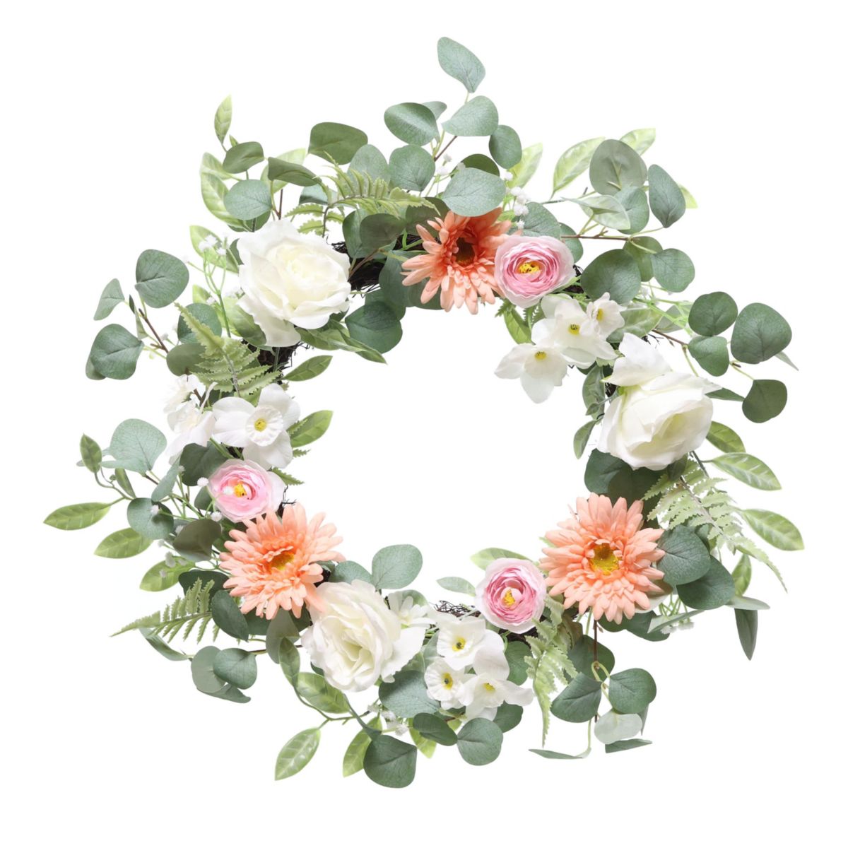 Puleo International 24-inchArtificial Chrysanthethemum Rose and Ranunculus Floral Spring Wreath