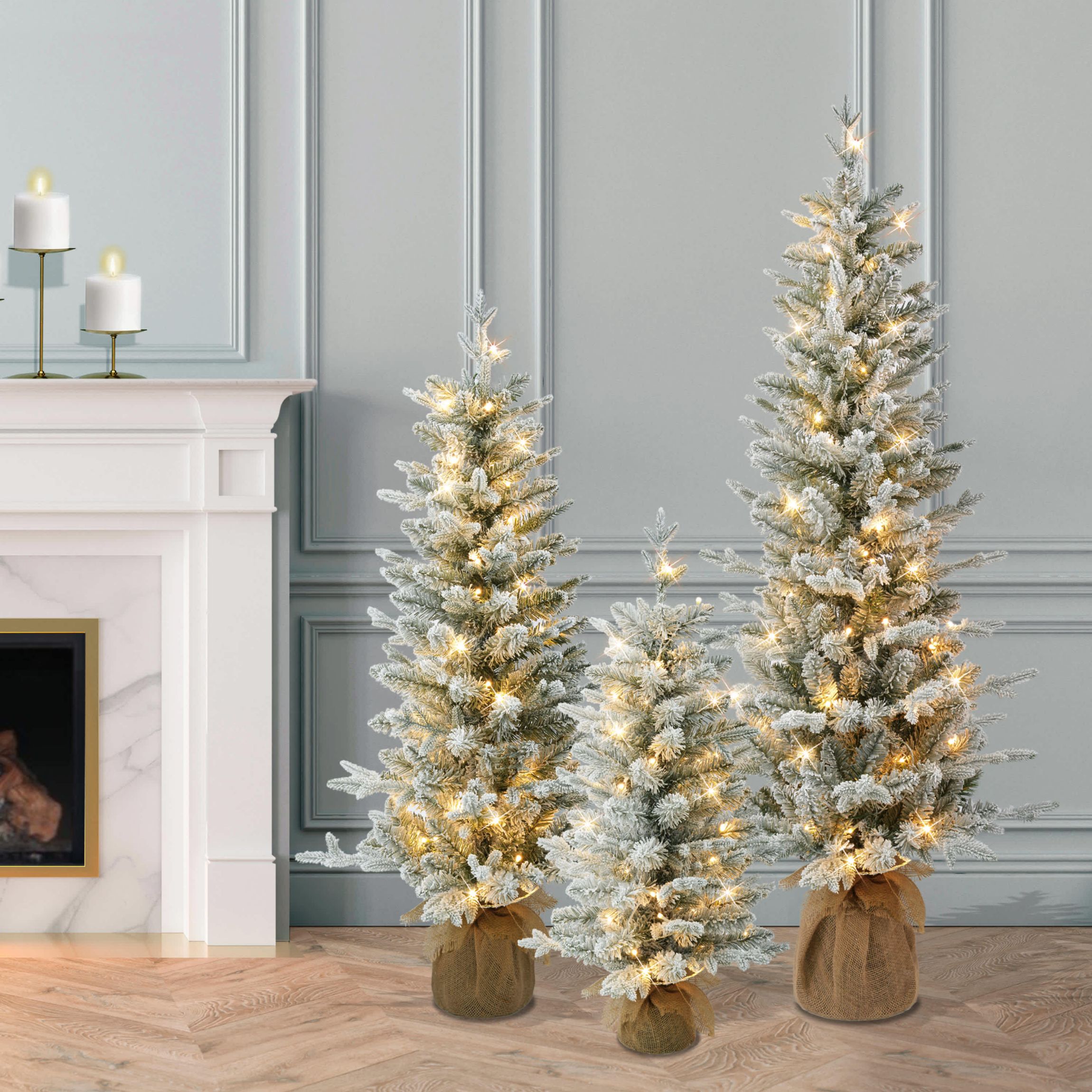 Puleo International Set of 3 Artificial Flocked Spruce Trees in 3, 4, and 5 with Burlap Base