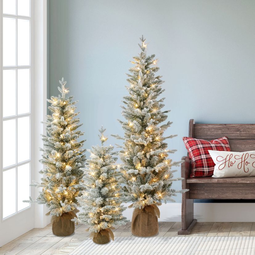 Puleo International Set of 3 Artificial Flocked Spruce Trees in 3, 4, and 5 with Burlap Base