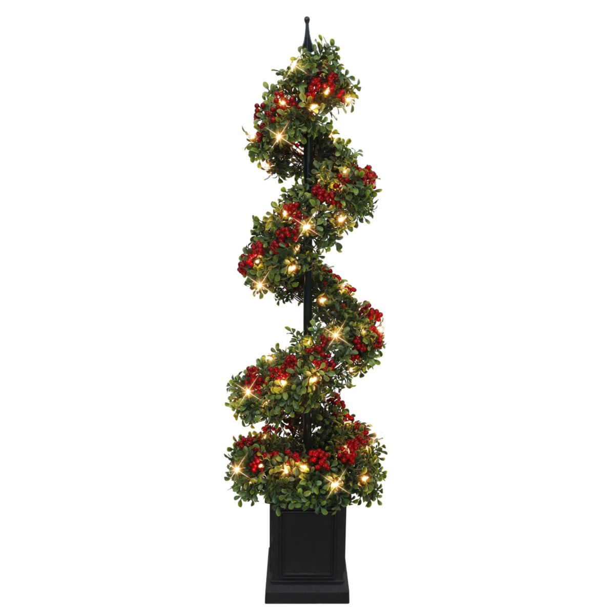 Puleo International 4 Pre-Lit Artificial Potted Swirl Tree Adorned with Red Berries