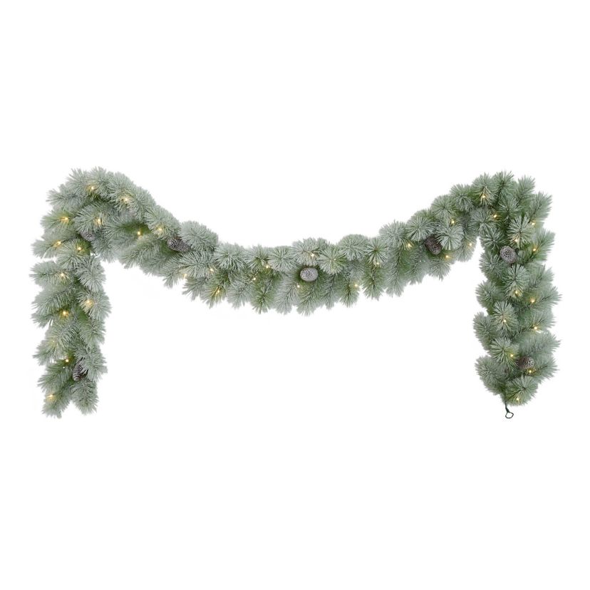 Puleo International 9 x 10" Pre-Lit Flocked Garland with Warm White LED Lights